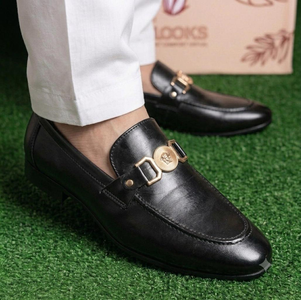 Premium Men's Black Leather Medusa Bit Loafers