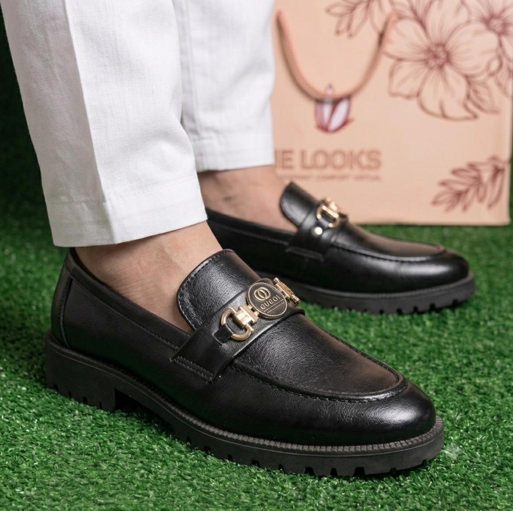 Premium Men's Black Leather Slip-On Loafers – Gold Bit Formal Shoes