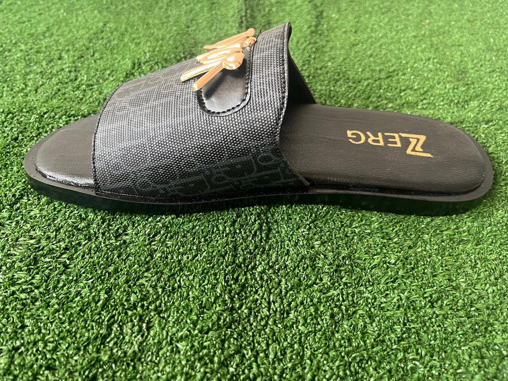 Men's Premium Black Slip-On Comfort Slides with Gold Logo