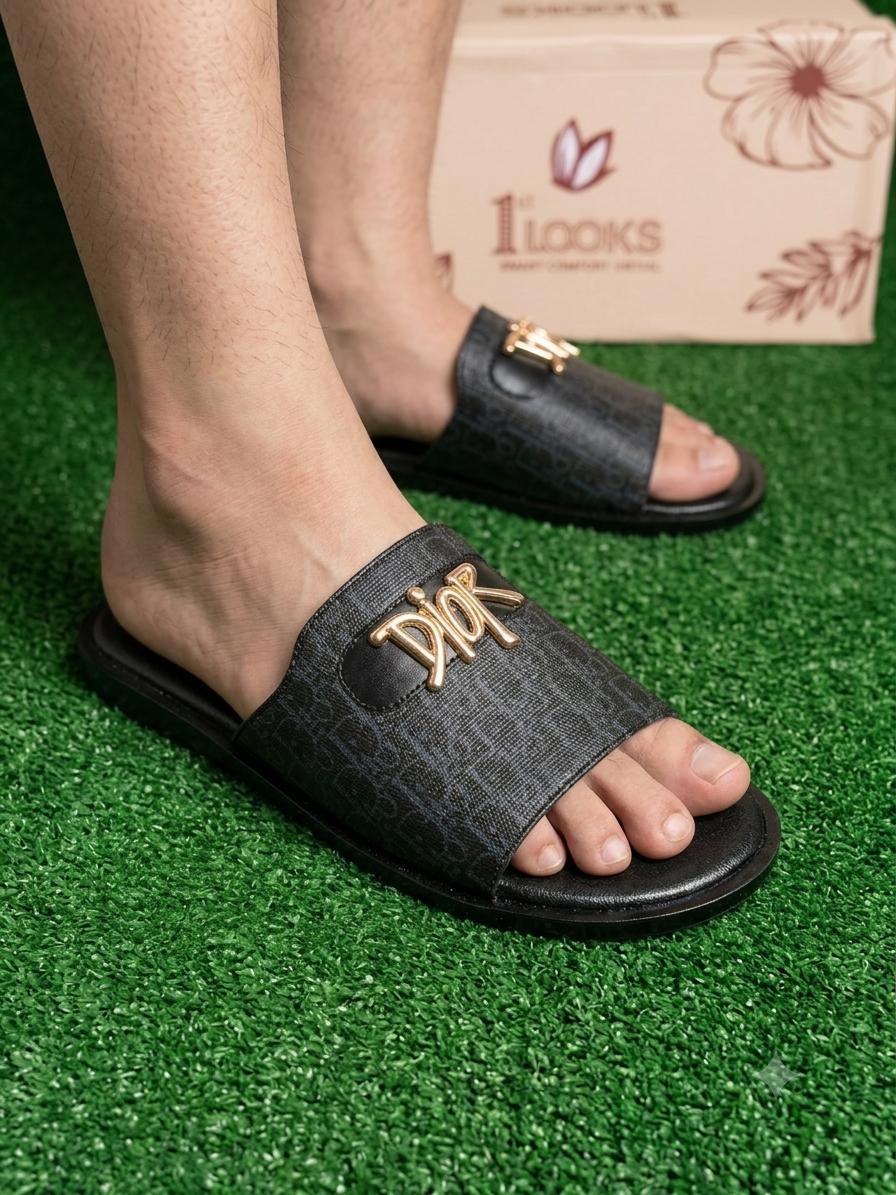 Men's Premium Black Slip-On Comfort Slides with Gold Logo